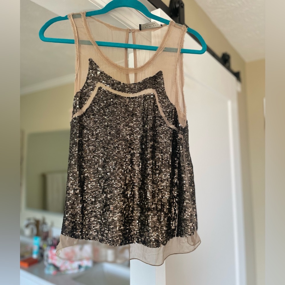 TWIN-SET SIMONE BARBIERI VINTAGE Sequin Top - Black with tan chiffon details.